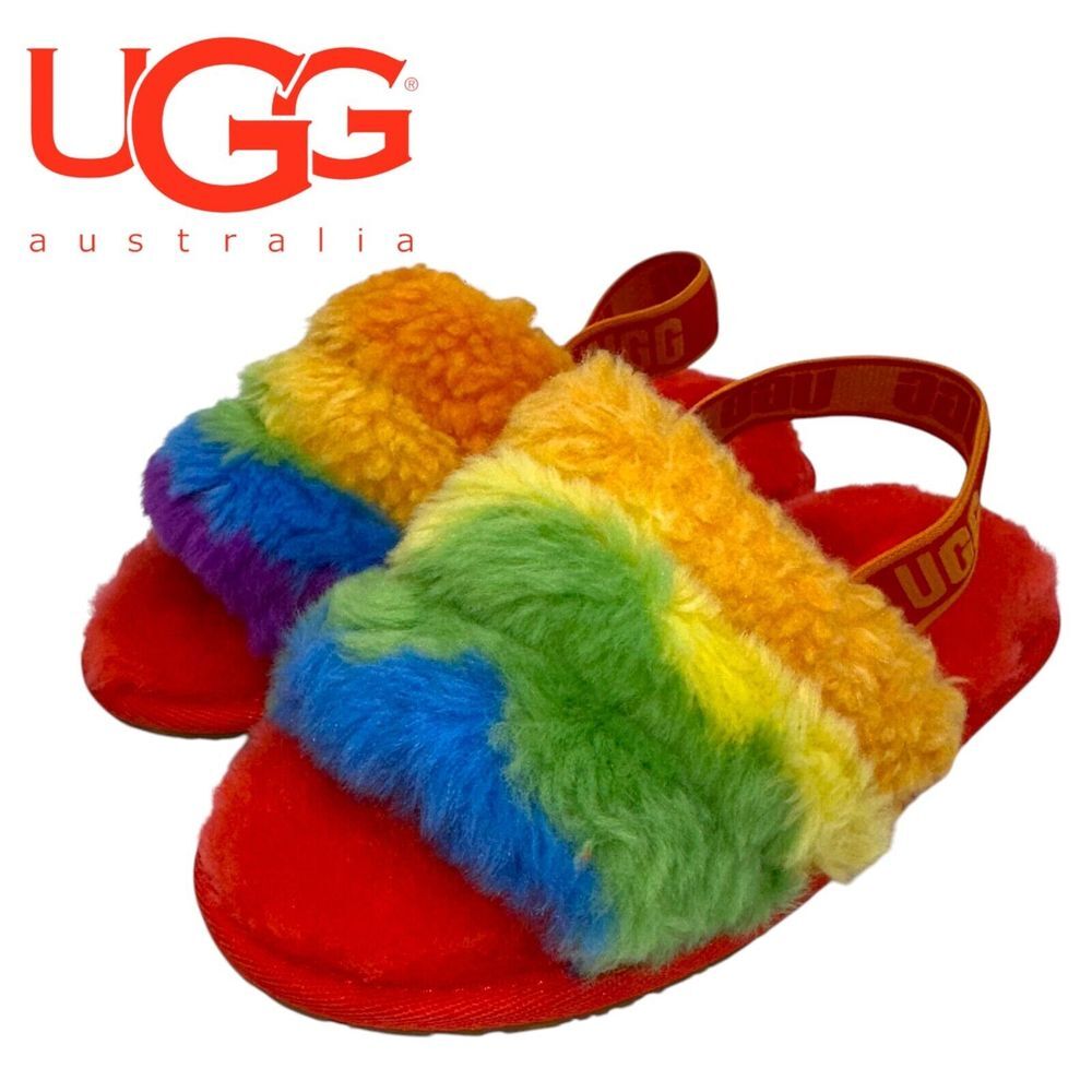 NEW UGG Girls/Kids Sz 12 Fluff Yeah Slide Cali Collage Kidcore Pride LGBTQI‎ Uni